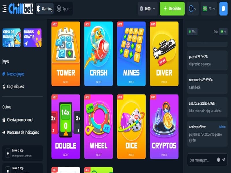 Seção de jogos Top e New Chillbet