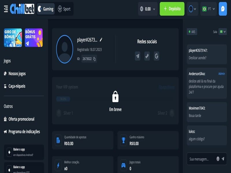 Valor mínimo de depósito no cassino Chillbet