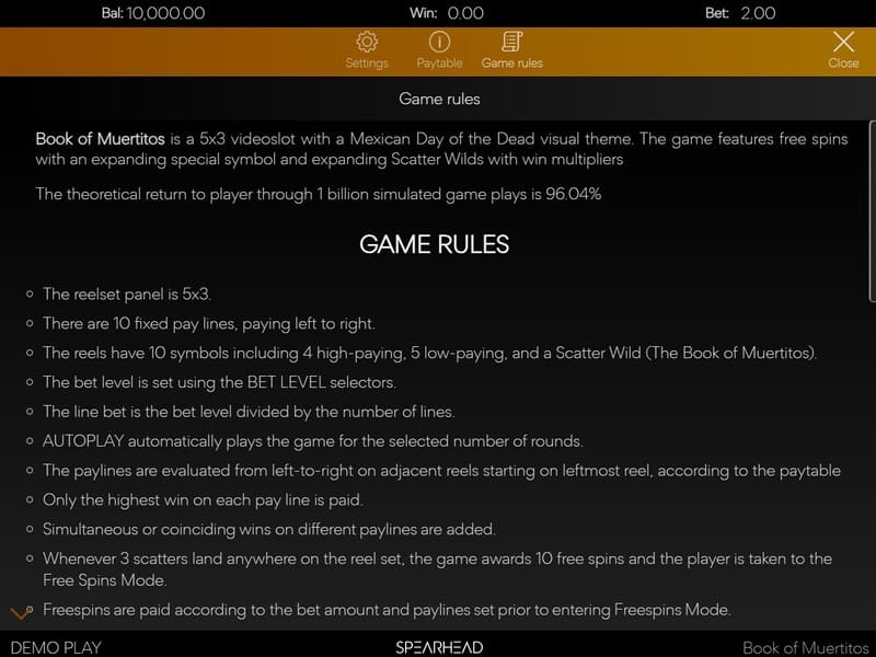Reglas del juego Book of Muertitos online