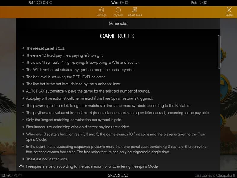 Reglas del juego Lara Jones is Cleopatra II online